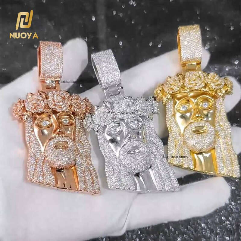 Ice out VVS Moissanite Hip Hop Style Iced Out Moissanite with Rose Custom Jewelry Gold Silver Plated Jesus Religious Christian Pendant Gift