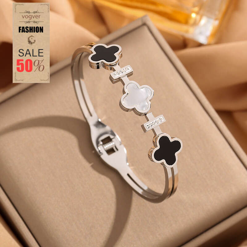 Bracelet for Women Micro-Inlaid Diamond Four-Leaf Clover Black White Titanium Steel Fashion High-End Luxury Jewelry Non-Fading Personalized Statement 