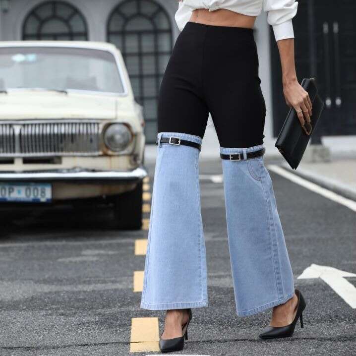 Cross-Border Fashion Slim Fit Knitted Denim Patchwork Elastic Waist Wide-Leg Casual Pants Elegant Commuter Plus Size Outfit