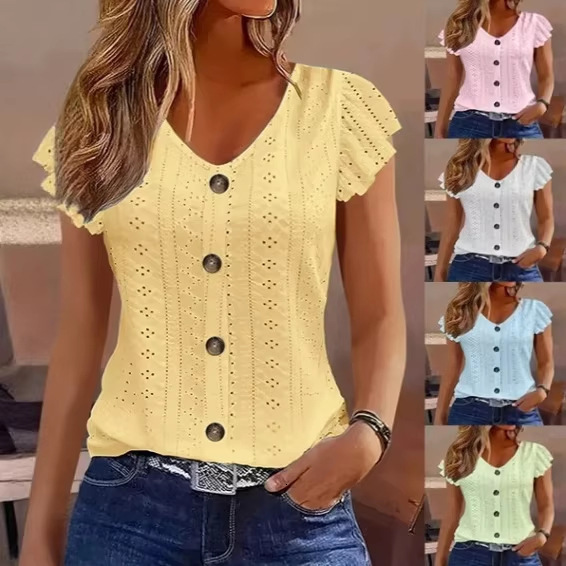 2025 Summer V-Neck Hollow Short Shirt For Women Korean Style Slimming Flutter Sleeve Top Wholesale Source