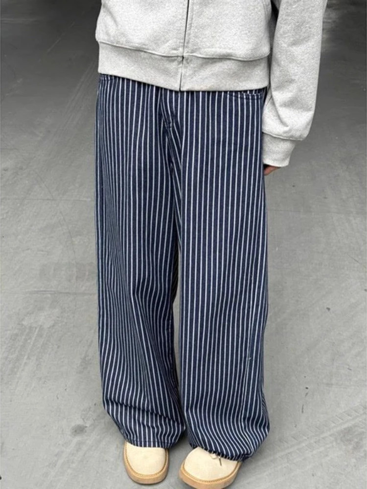 HOUZHOU Vintage Blue Striped Jeans Women Y2k Hip Hop Grunge Straight Denim Trousers Punk High Waist Streetwear Wide Leg Jeans 251225