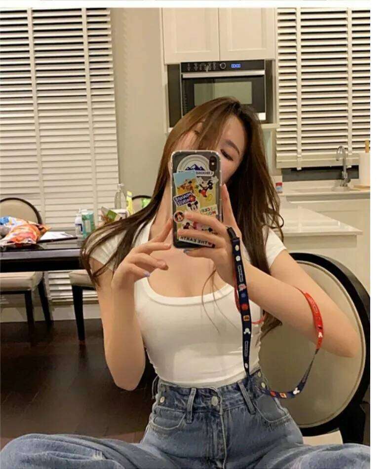 Women's Spring New Korean Style Versatile Belly Button Short Sleeve T-Shirt, Sexy Fitted U-Neck T-Shirt