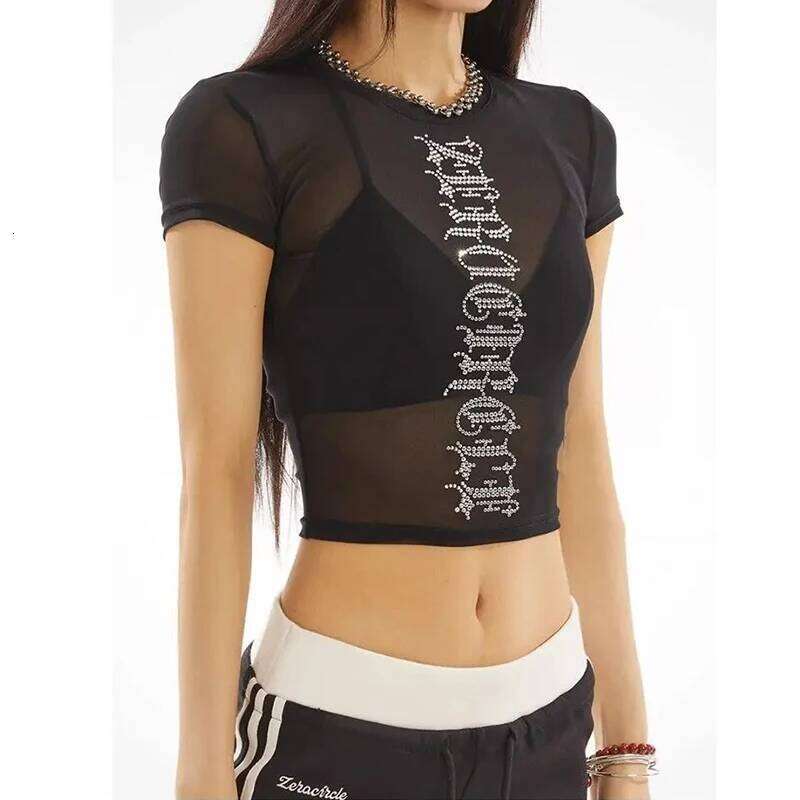 Letter hot diamond shoulder sleeved T-shirt for summer girls, slim fit and slimming short style, mesh see through jacket,