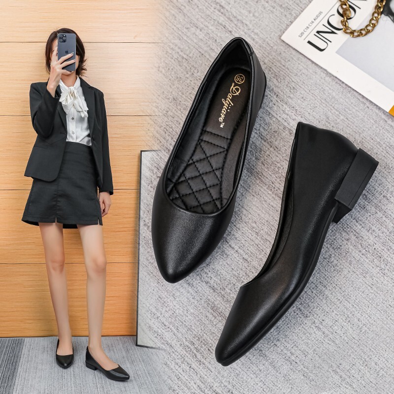 Ddmysports Comfortable Pointed Toe Chunky Heel Flat Single Professional Women S Black Work Soft Sole Office Leather Shoes Outdoor Shoes