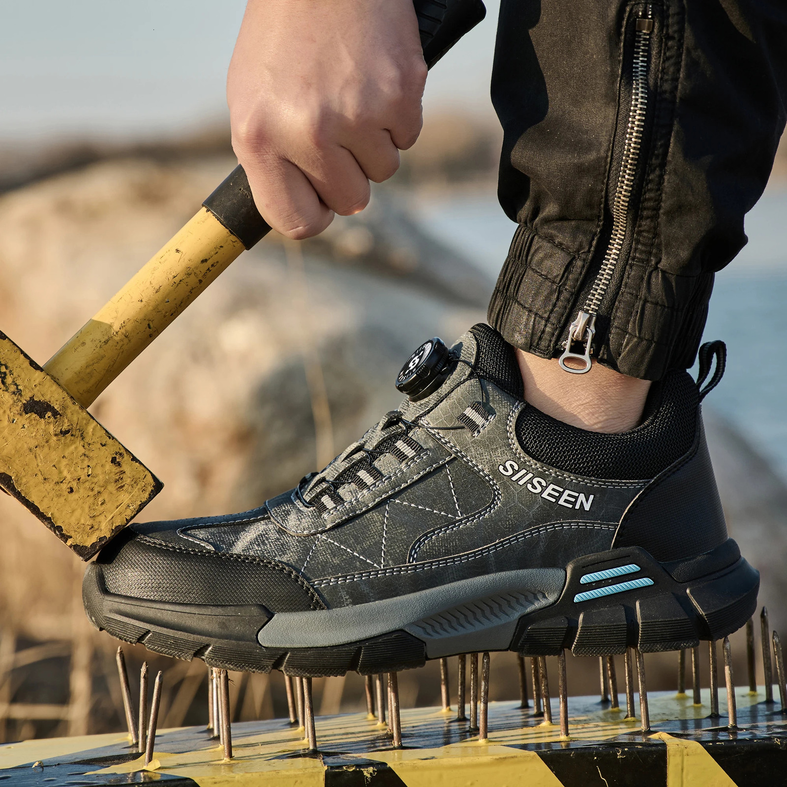 Mens Industrial Safety Shoes Steel Toe Anti-Puncture Fashionable Button Detail Anti-Slip Sole Comfort Work Boots 251226