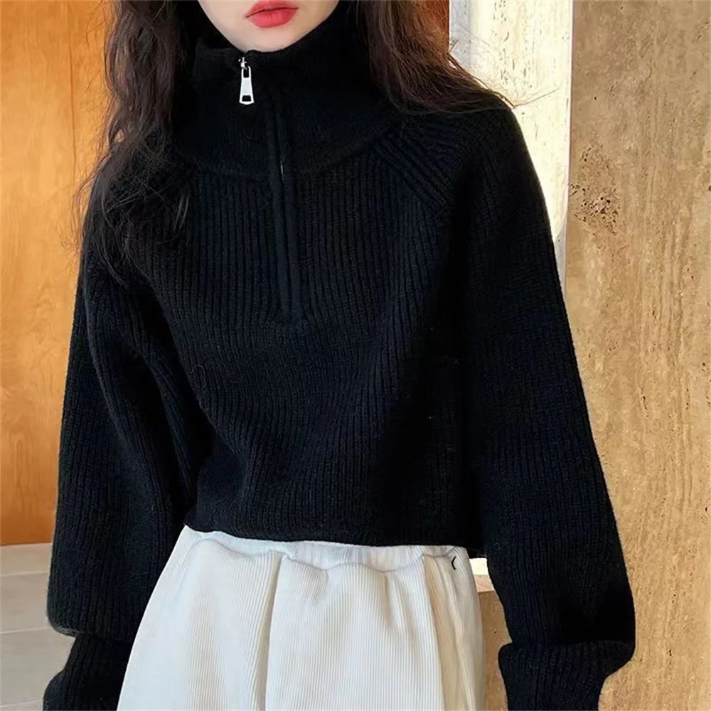 2026 Sweater Pullover Women Autumn Winter Korean Zipper Loose Style Sweater Female Tops Solid Color Pullovers 251224