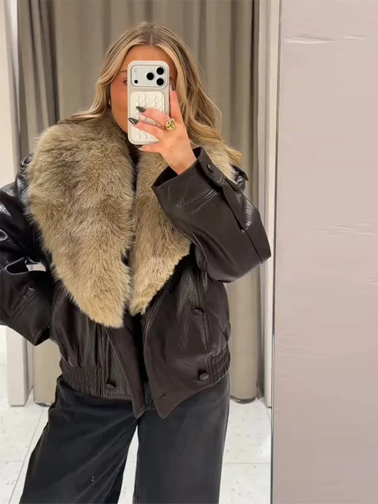 Fashion PU Leather Short Jacket Women Fur Collar Contrast Doublebreasted Warm Coat Female 2025 Autumn Winter Outwears 251216
