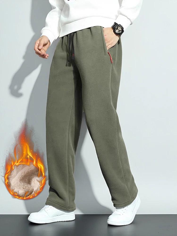 Mens Winter Fleece Pants Straight Warm Sweatpants with 2 Zip Pockets Snow Cold Thickened Thermal Men Trousers 251213
