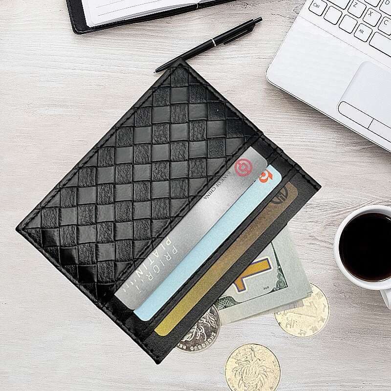 Ins Style Korean Woven Genuine Leather Business Case Storage Sleeve ID Holder Quilted Credit Card