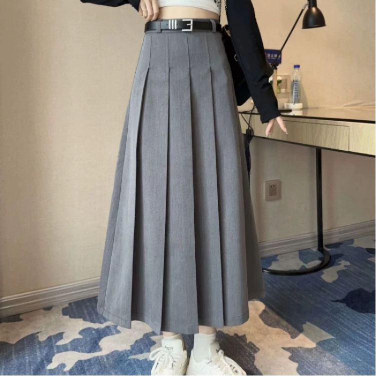 Skirts Women Maxi Skirt High Waist Pleated Ankle Length With Belt Solid Color A-Line Long For Office Women's Clothing