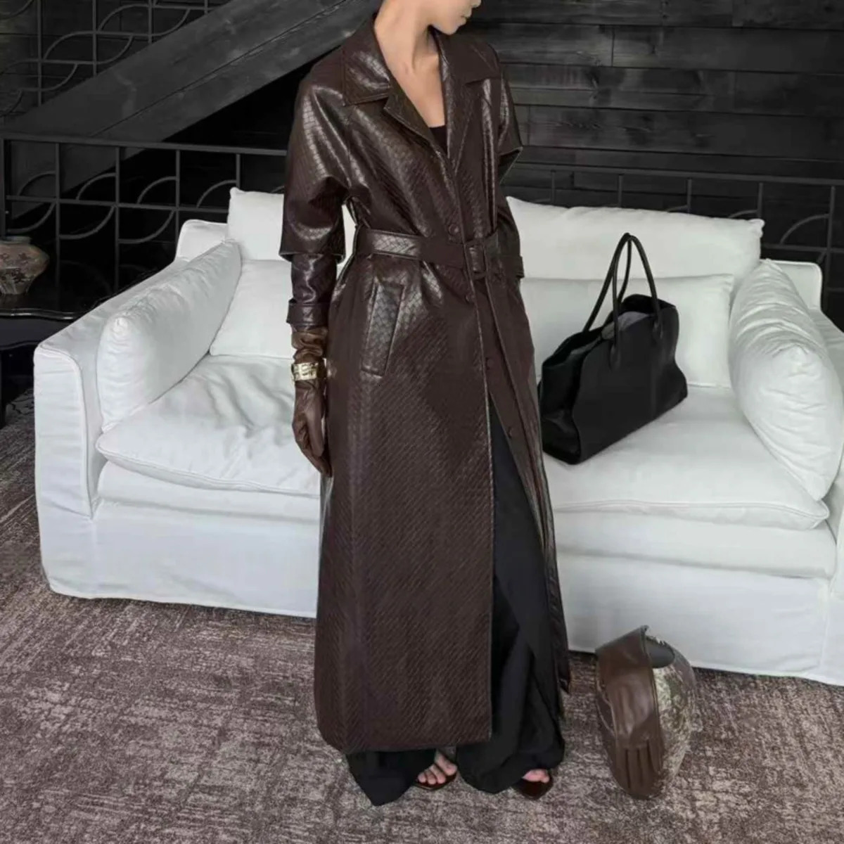 KWTX 2025 Womens Long Faux Leather Trench Coat Belted with Pockets Lapel Vintage Casual Trendy Spring Autumn Comfortable 251231