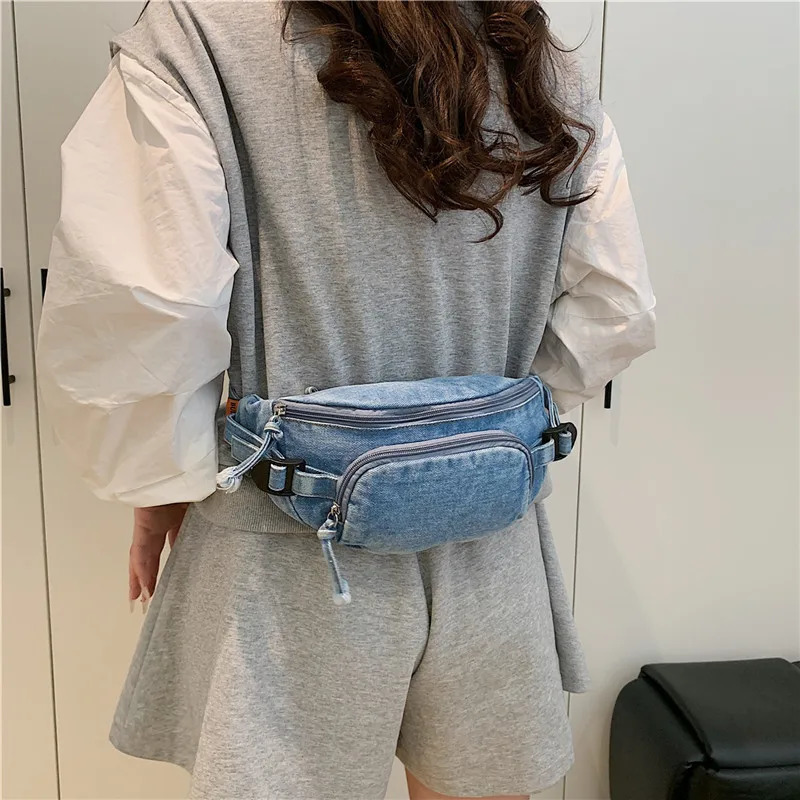 26ss Denim Chest Pack - Womens Retro Waist Bag with XL Capacity 4-in-1 Crossbody Bag for Outdoor Casual