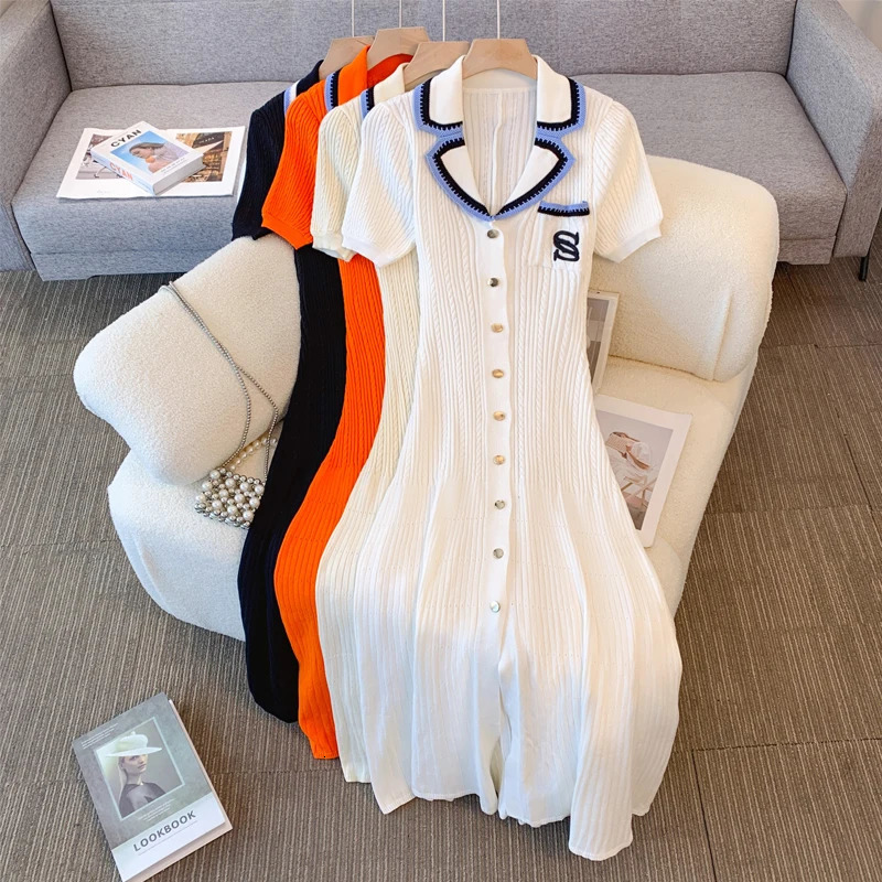 YuooMuoo Women Dress 2025 Fashion Contrast Color Collars A-line Knitted Maxi Dress Elegant Pockets Lady Robes Dropp 251225