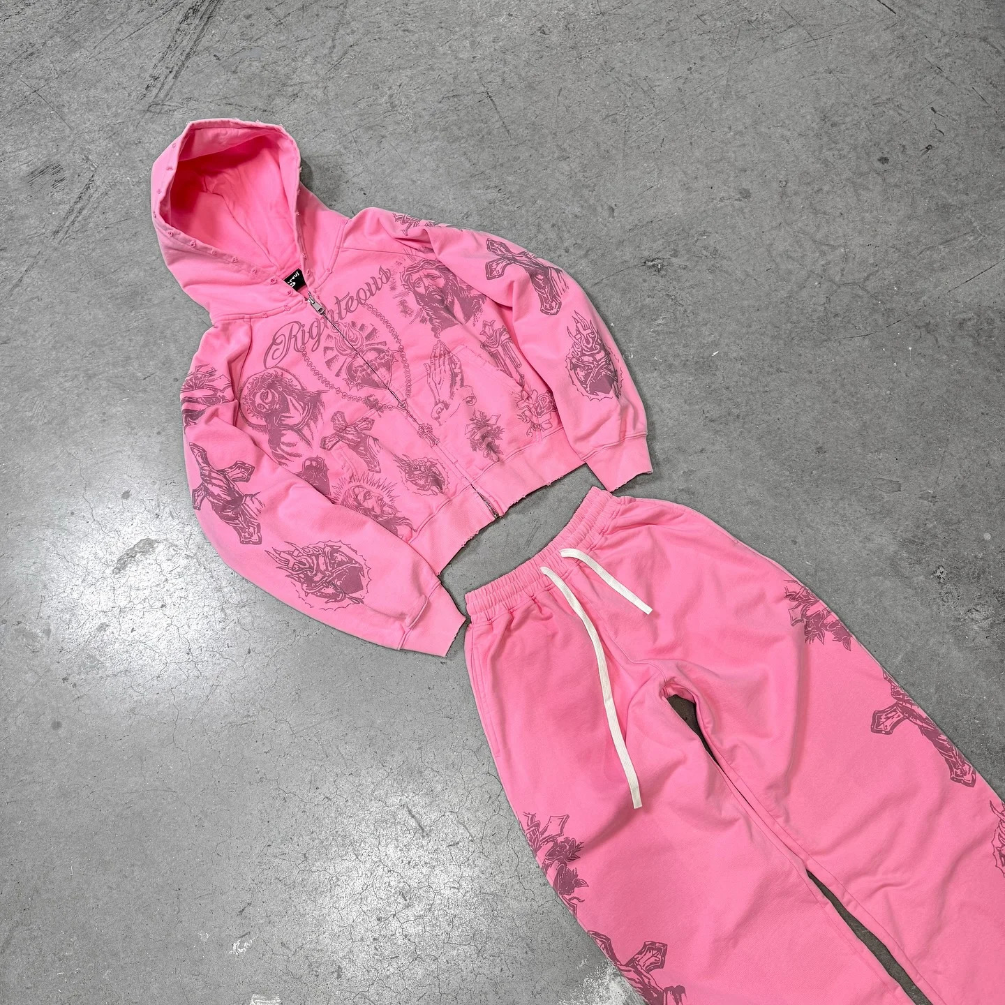 Tatted Believer Cropped Zip Up Sweatshirt and Sweatpants 2-piece Set Y2k Harajuku Men Women Tracksuit Hoodie Running Pants Suit 251225 C260312