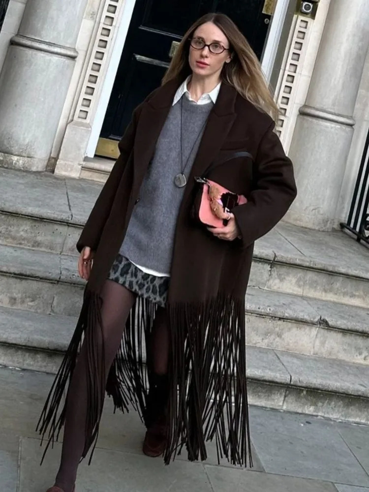 Fringed Woolen Trench Coat Suit Collar Loose Commuting MidLength Women Tassel Overcoat Street Trend Solid Color Classic Outwear 251231