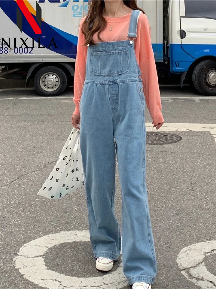 Spring Summer Korean Fashion Women Jeans Wide Leg Long Pants Rompers Straight Trousers Street Wear Overalls Jumpsuits 251226