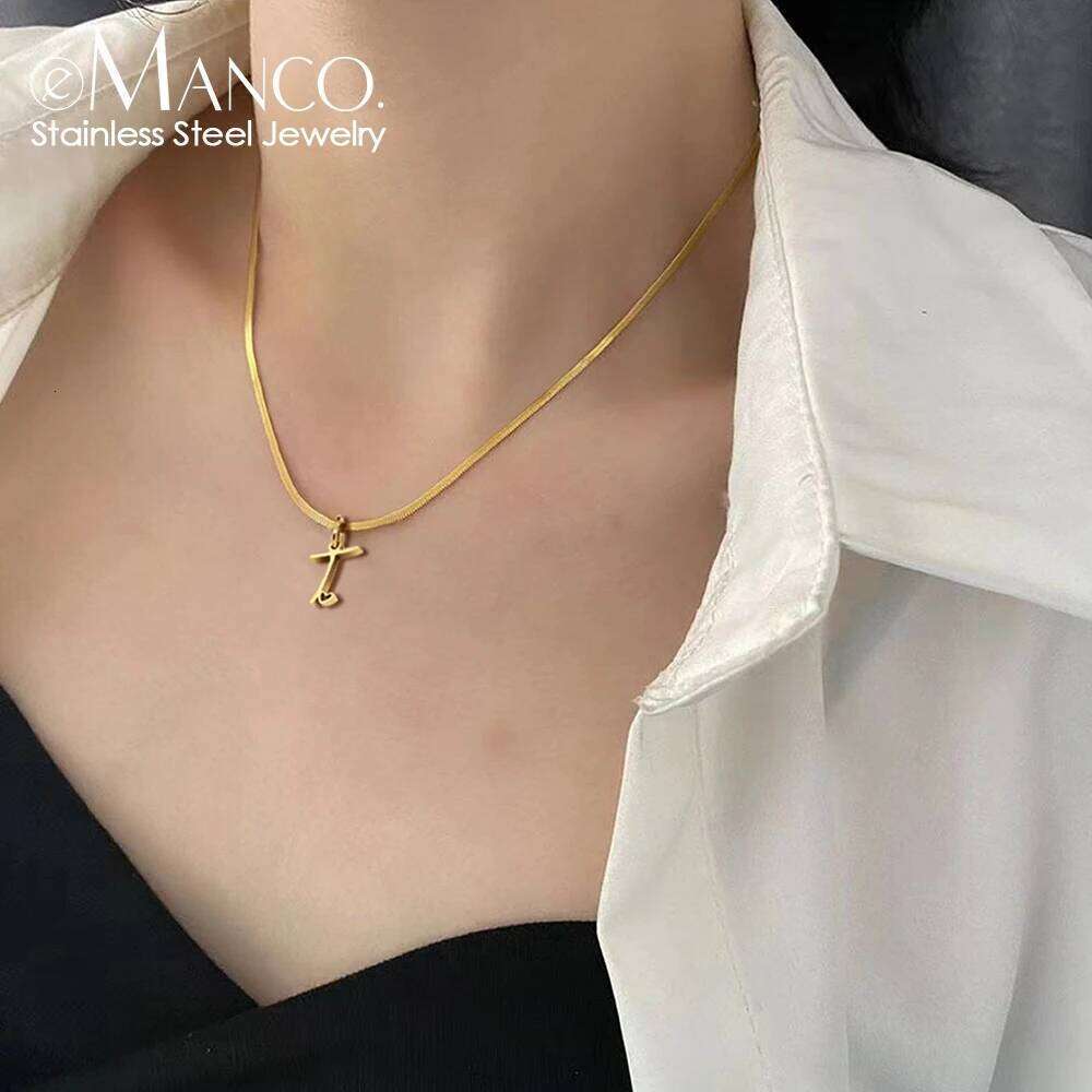 eManco Minimalist Style Stainless Steel Snake Chain Necklace with Letter Pendant for Daily Commute Fashion Jewelry Accessory