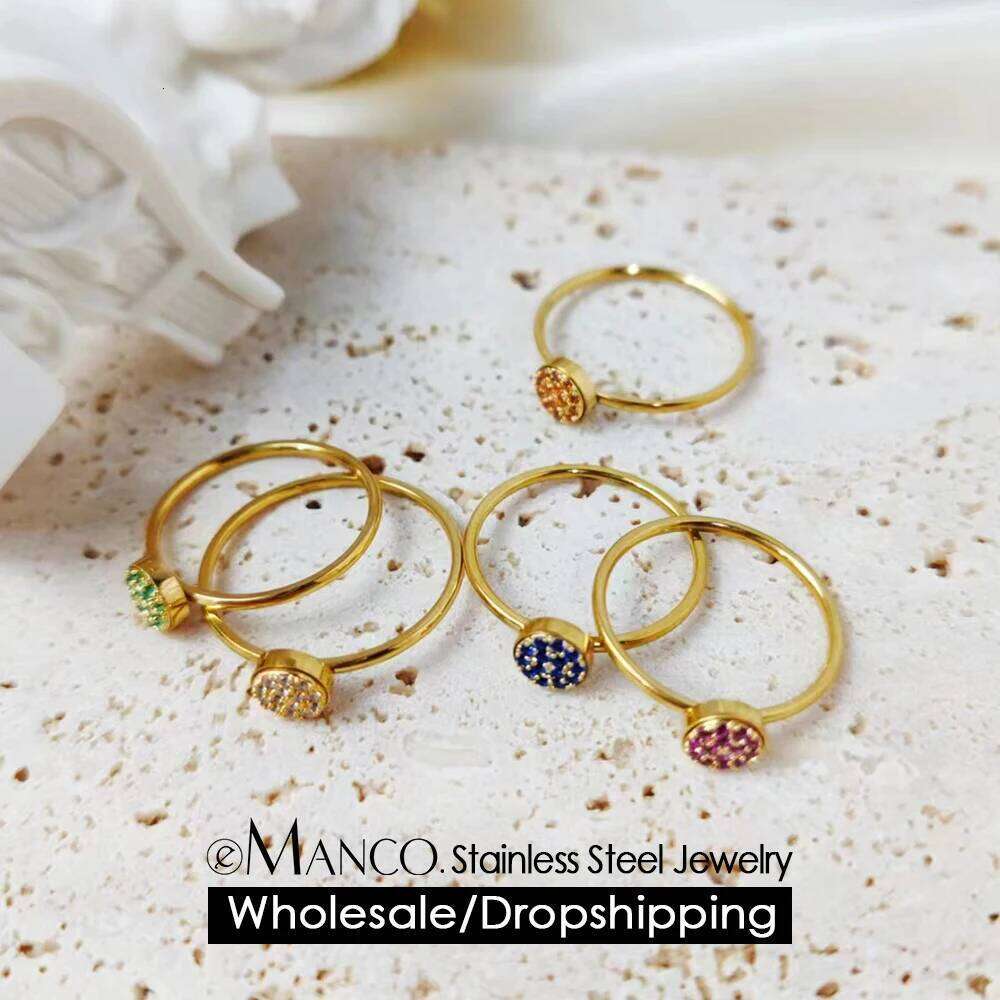 eManco New Zirconia Birthstone 12 Color Stainless Steel Colorful Ring Anniversary Gift