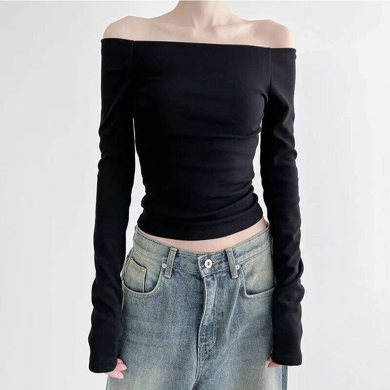 Black Solid Slash Neck Elegant Long Sleeve Tops Korean Fashion Slim Sexy Cropped T Shirt Women Fall Clothing