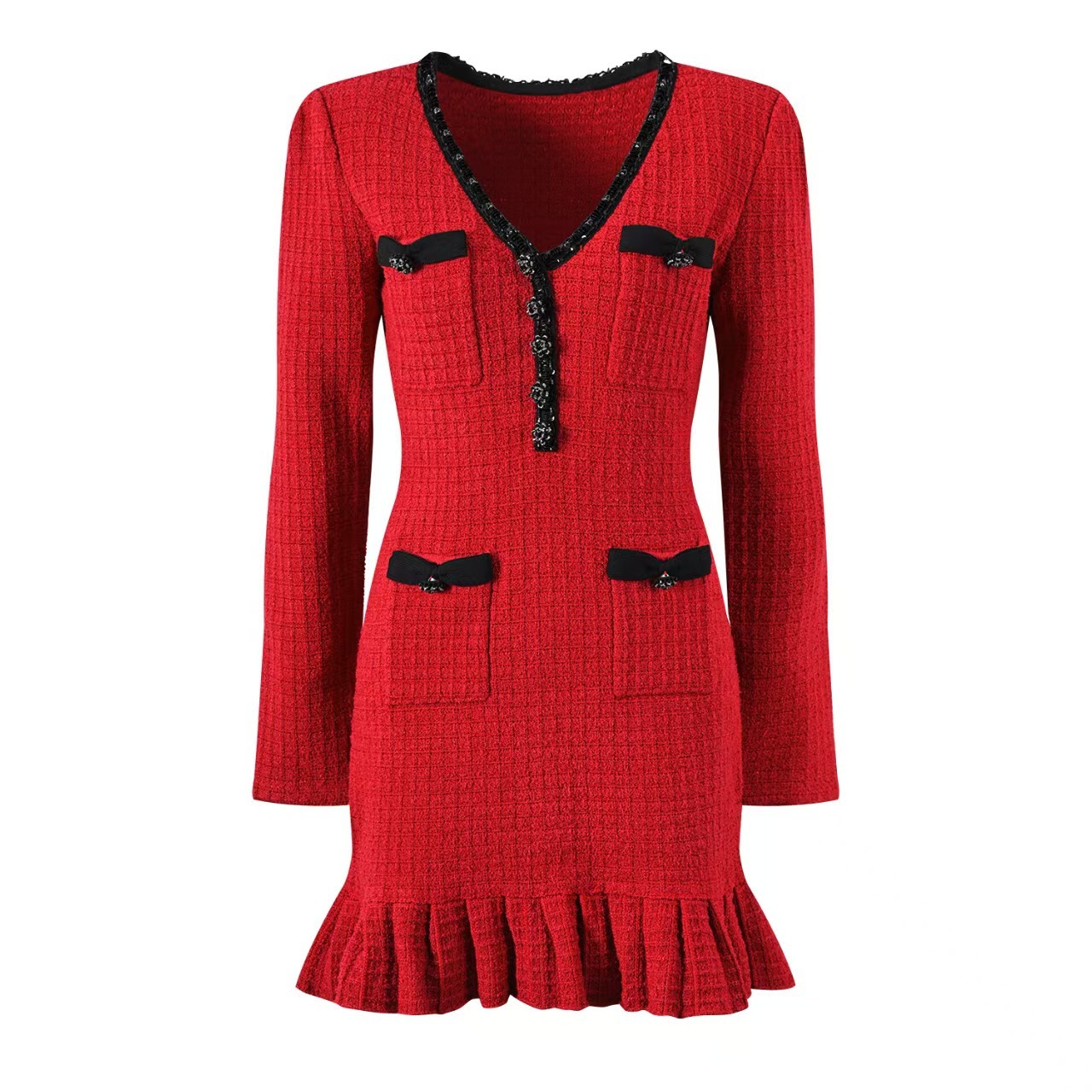 European And American Style Long-sleeved Ruffled Dress With Color-matched V-neck And Fitted Knitted Short Skirt Suitable For Ladies To Wear In Autumn 