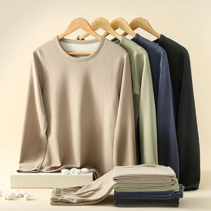 Mens Winter Underwear Set Warm Fleece Lined T Shirt Thick Crew Neck Solid Basic Pants Two Pieces Thermal Clothing 251225