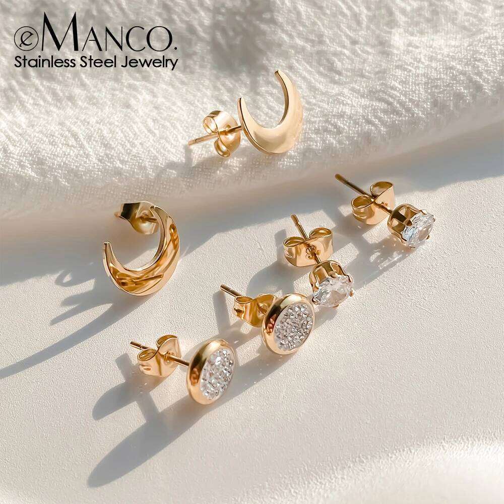 eManco 3 Pairs Stainless Steel Stud Set Women's Geometric Round Moon Mini Earrings Wedding Jewelry