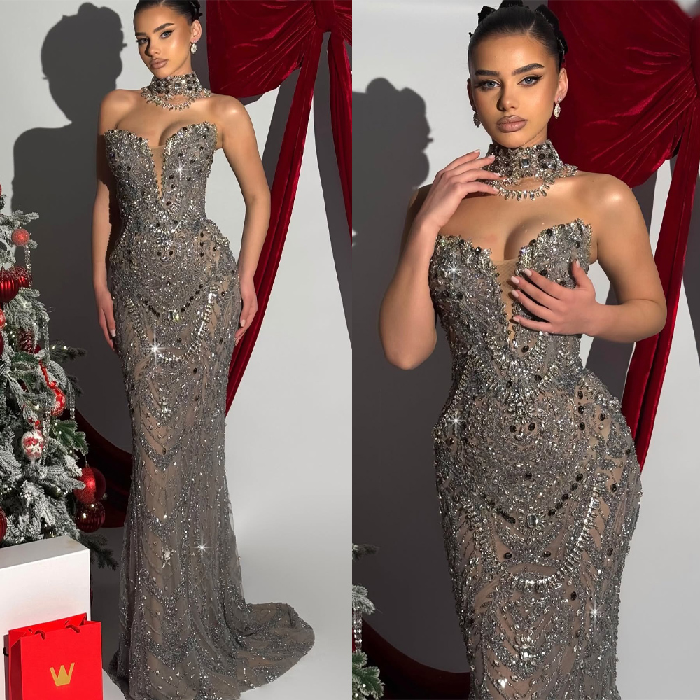 Luxury Evening Dresses Crystal Strapless Prom Dress Beading Sleeveless Illusion Customized Party Gowns Vestidos De Noche Plus Size