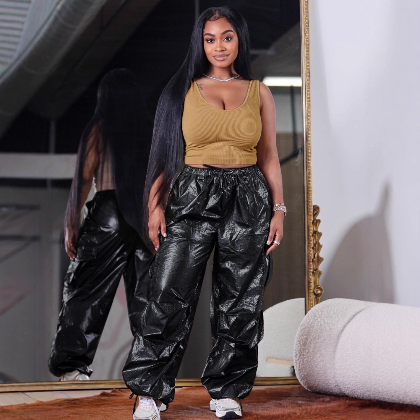 Fashion Womens Casual Pants Solid Color Three-Dimensional Pocket Pleated Cargo Trousers