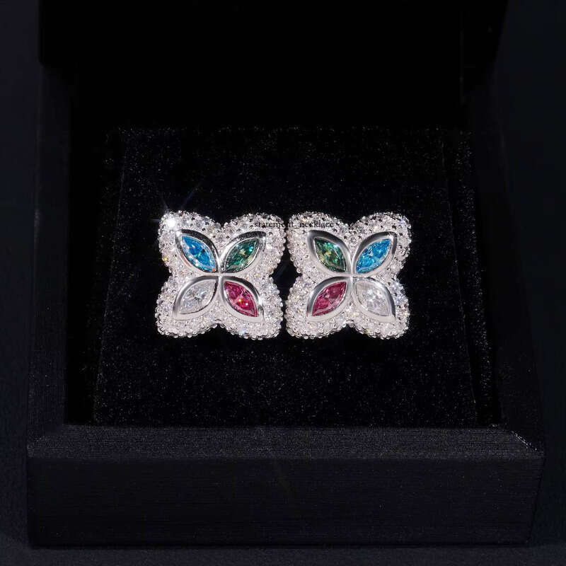 2025 High-end 925 silver Inlaid Colorful Chalcedony Four-leaf Clover Earrings VVS Moissanite Tester Approved