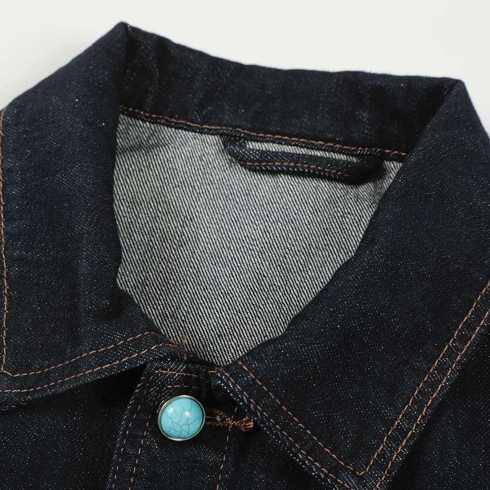 Men Turquoise Button Denim Jacket Casual Short Style Raw Jean Coat Vintage Outerwear 251230
