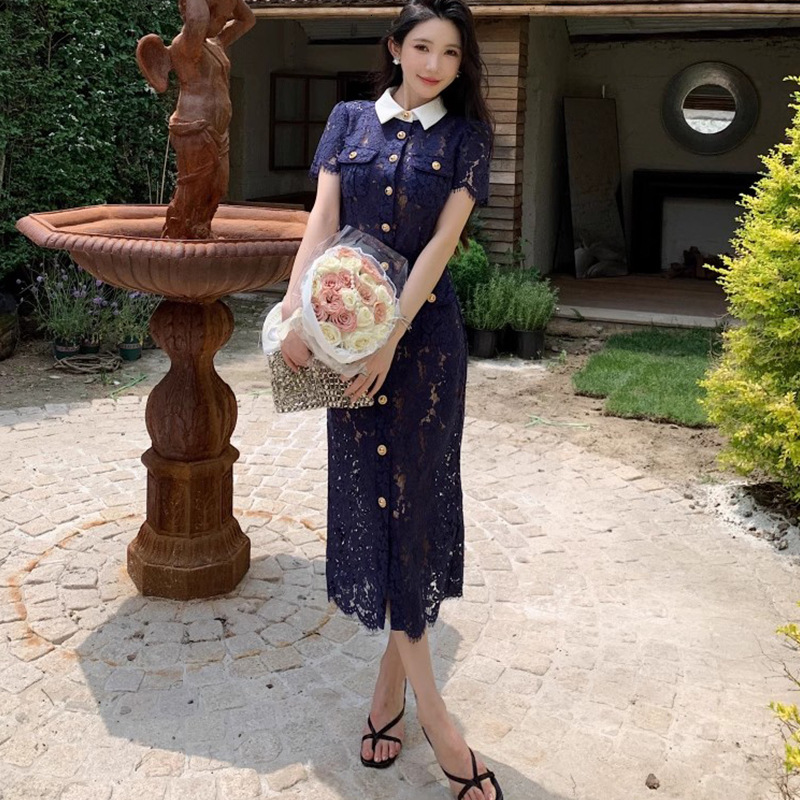 Luxurious High-end Long Dress Dark Blue Color Heavy Lace High Contrast Colors Doll Collar Beautiful Urban Sexy Fitted Women's Dress
