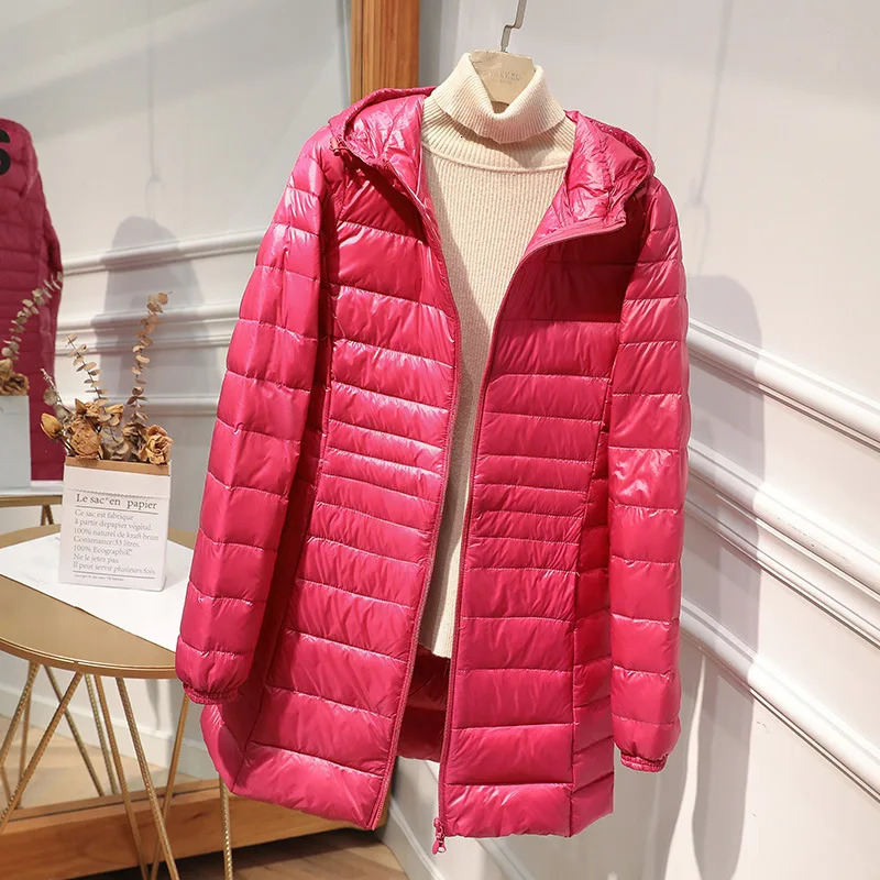 Female Long Warm Down Coat with Portable Storage Bag Women Light Jacket Ladies Overcoats HipLength High Street 251225