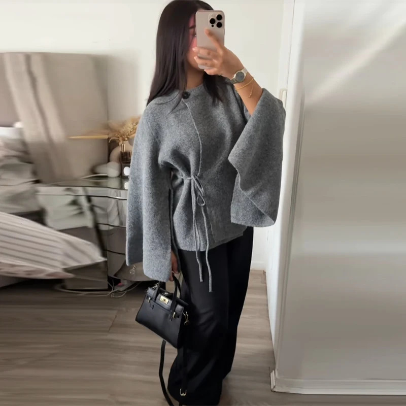 Casual Solid Womens Cardigan Lace Up Loose Knitwear Chic Spliting Batwing Sleeve Knitted Sweaters 2025 Autumn Lady Knit Top 251224