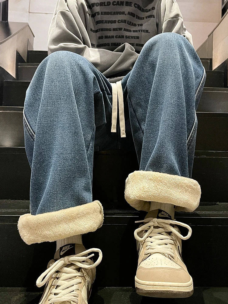 Mens Winter Jeans FleeceLined Brushed Thick Warm Denim Pants Korean Style Straight Fit Insulated Trousers Asians Size M3XL 251226