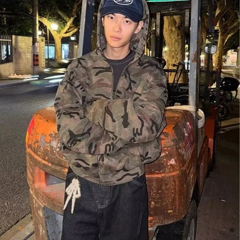 Camouflage Mens Hooded Jacket Loose American Style Cardigan Sweatshirt High Street Versatile Casual Fashion Loose Mens Clothing 251226