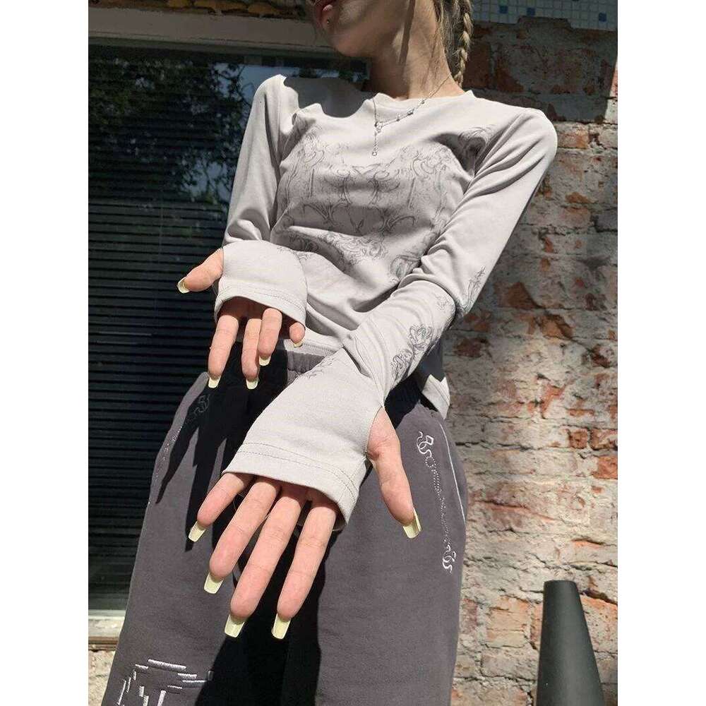 Retro Y2K T-shirt 2025 Blusas round neck long sleeved printed waistcoat women's clothing fashion casual crop to