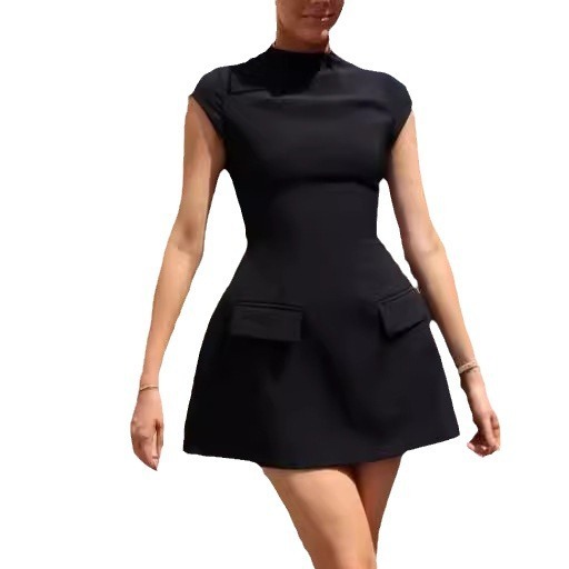 2026 Spring/summer New Urban Sexy Women's Dress In New European And American Style - Solid Color Round Neck With Pockets - Waist-slimming Dress