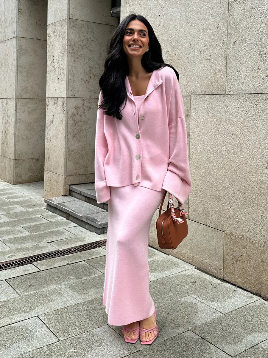 Bornladies 2025 Women Knitted Set Soft Long Sleeve Cardigan Chic Camisole Skirt Autumn Winter Sweater Suit 260104