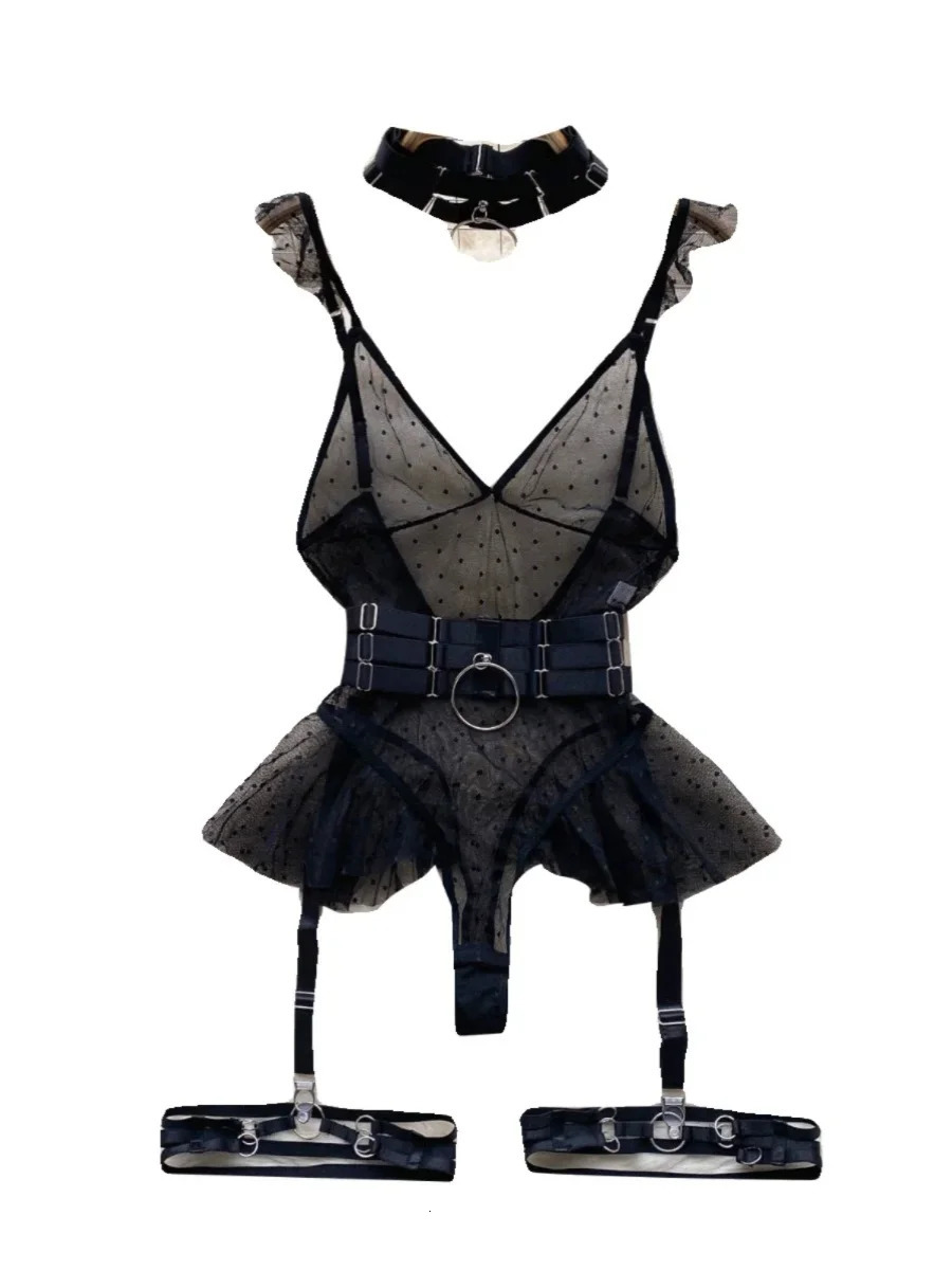 trendy Girl Sexy Mesh Bottom Strap Vneck onepiece Top bodysuit womens Slimming Waist Ruffle Hemp Vest Jumpsuit 251231