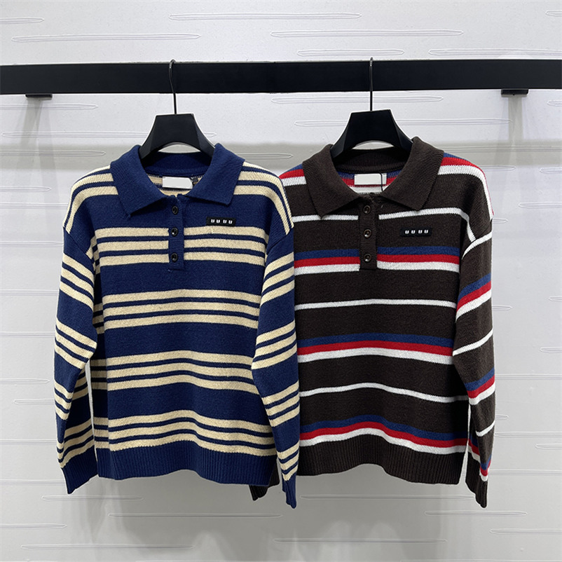 Women Designer Striped Pullovers Polo Knitted Y2K Retro Pullovers Unisex Style Loose Sporty Supple Knitwear