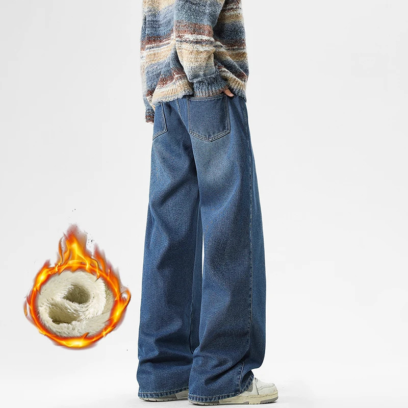 Mens Thick Fleece Loose Jeans Fashion Casual Solid Color Drawstring Straight Denim Trousers Male Clothing Plush 251226