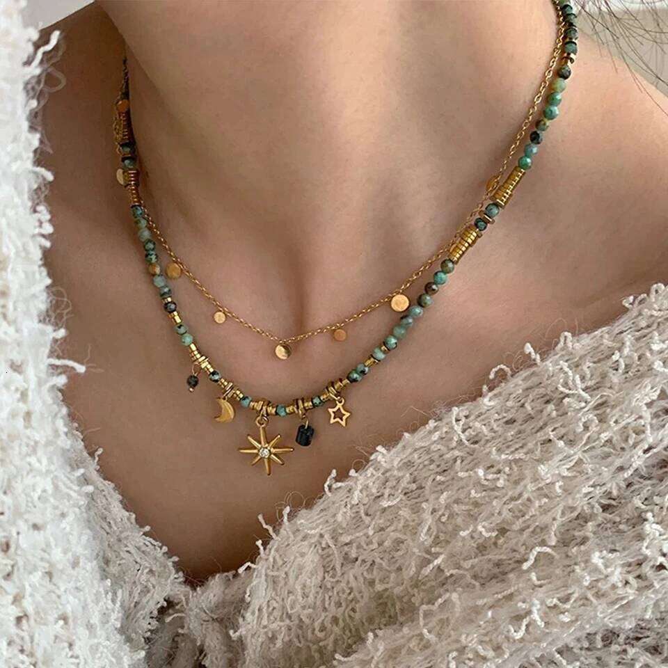 ZAKOL Vintage Bohemian Style Stone Beads Necklace for Women Charm Mang Star Pendant Stacked Clavicle Chain Fashion Jewelry Gifts 26L0104