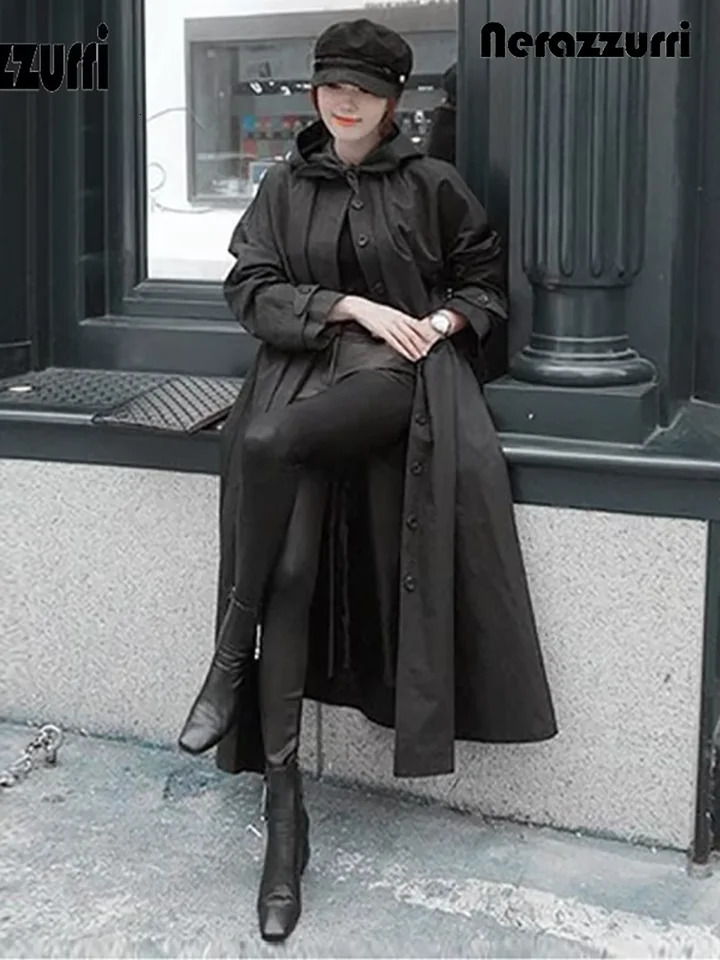 Nerazzurri Spring Autumn Long Black Waterproof Raincoat Coat for Women with Hood Sleeve Loose Clothes 2025 251231