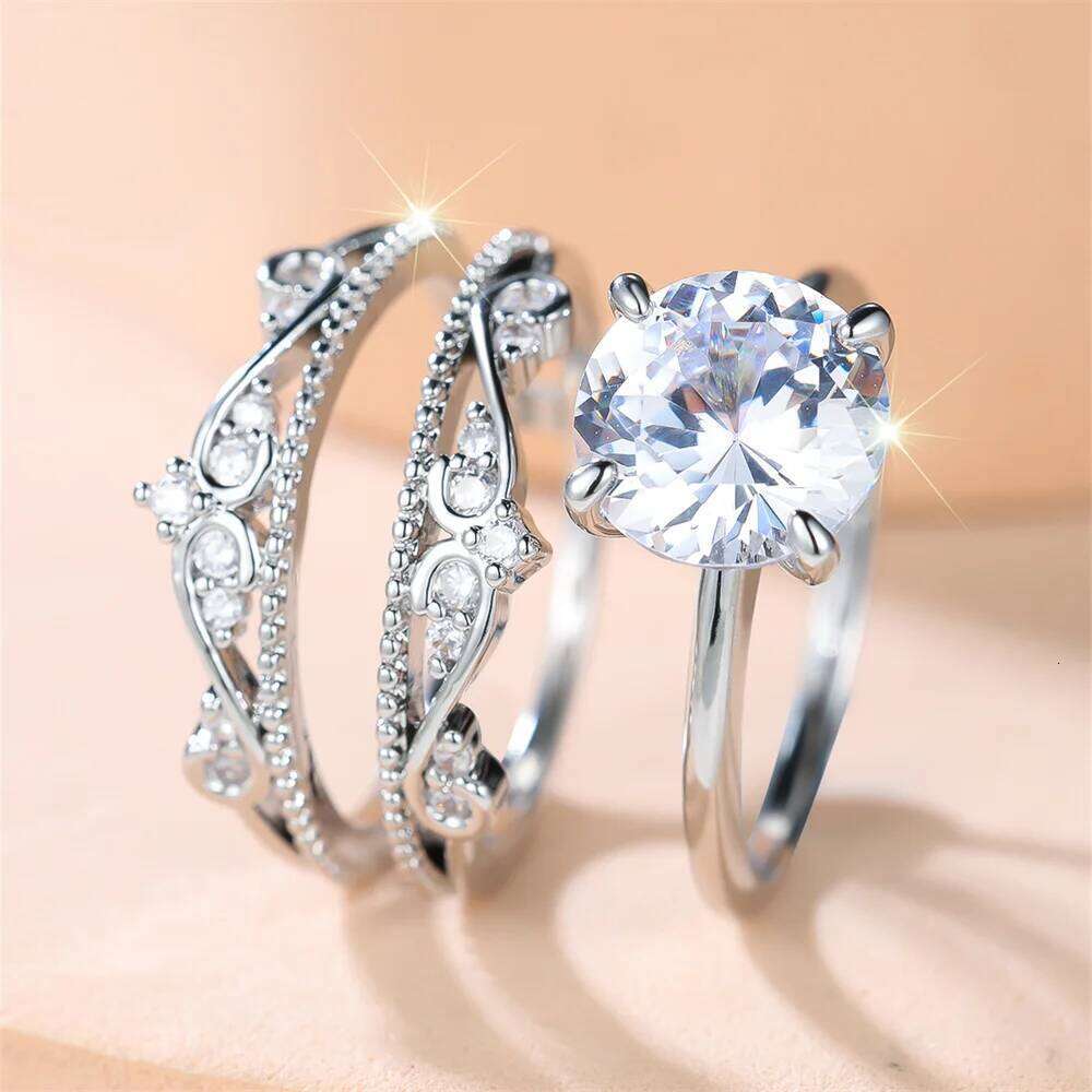 Round Stone White Zircon Flower Ring Sets For Women Vintage Silver Color Engagement Rings Wedding Jewelry Valentine's Day Gifts