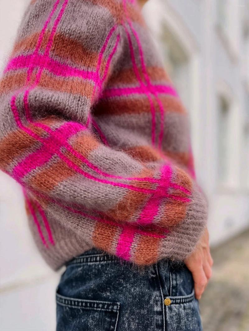 Women's Sweaters Autumn And Winter Niche Knit Cardigan For Women Designed With A Lazy Style Purple Striped Pattern Straight Round Neck