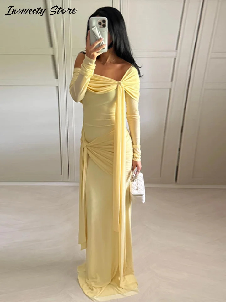 Elegant Solid Lace Up Dress Womens Off The Shoulder Long Sleeve Draped Dresses 2026 Spring Female Chic Party Robes 251225