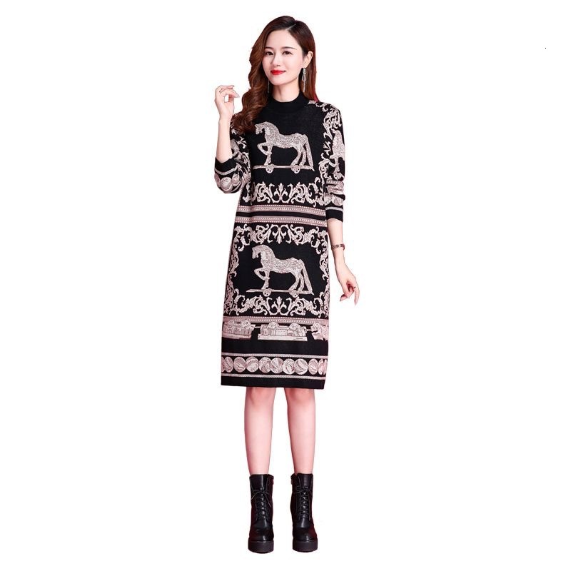 High-Quality Plus Size Concealing Age-Reducing Knitted Dress for Middle-Aged Women, Autumn and Winter New Style, Youthful Outerwear Base Sweater Dress