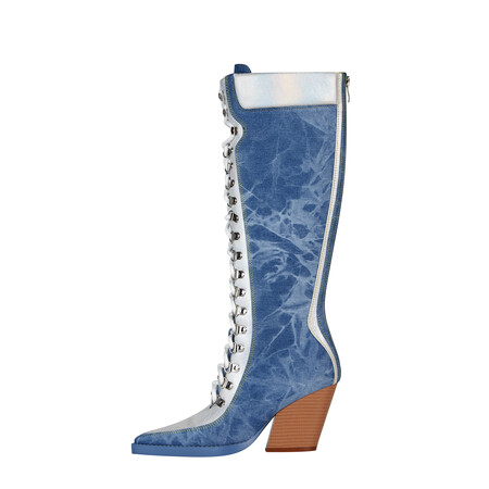 Chengdu Craftsmanship Washed Denim Western Boots 8.5cm Wedge Heel Lace Up Knee High Boots