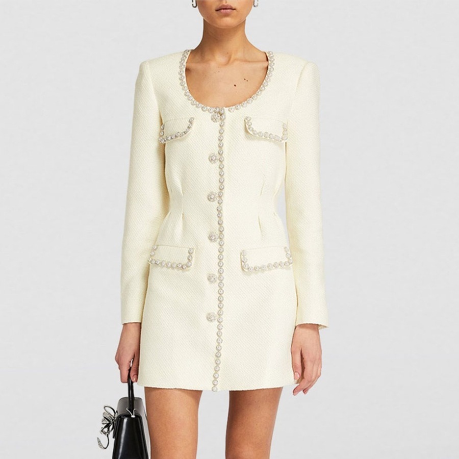 Fall Luxury New Style Sexy And Elegant Lady's White Beaded Small-chic Fashion Style Thick Lace Single-button Long-sleeved Suit Coat Dress