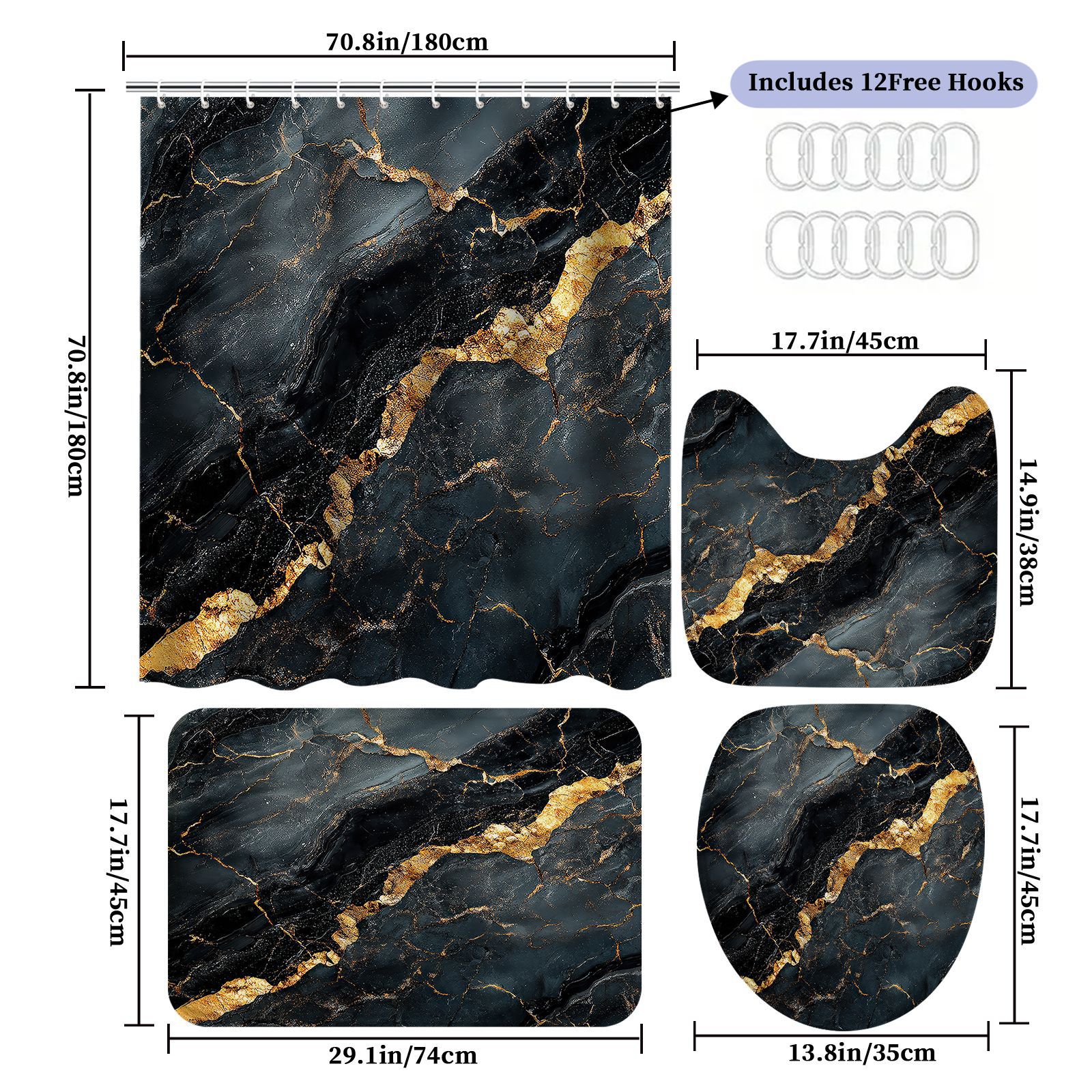 YL-38084 High-definition digital printing shower curtain four-piece set, waterproof, no-drill bathroom partition curtain, marble.